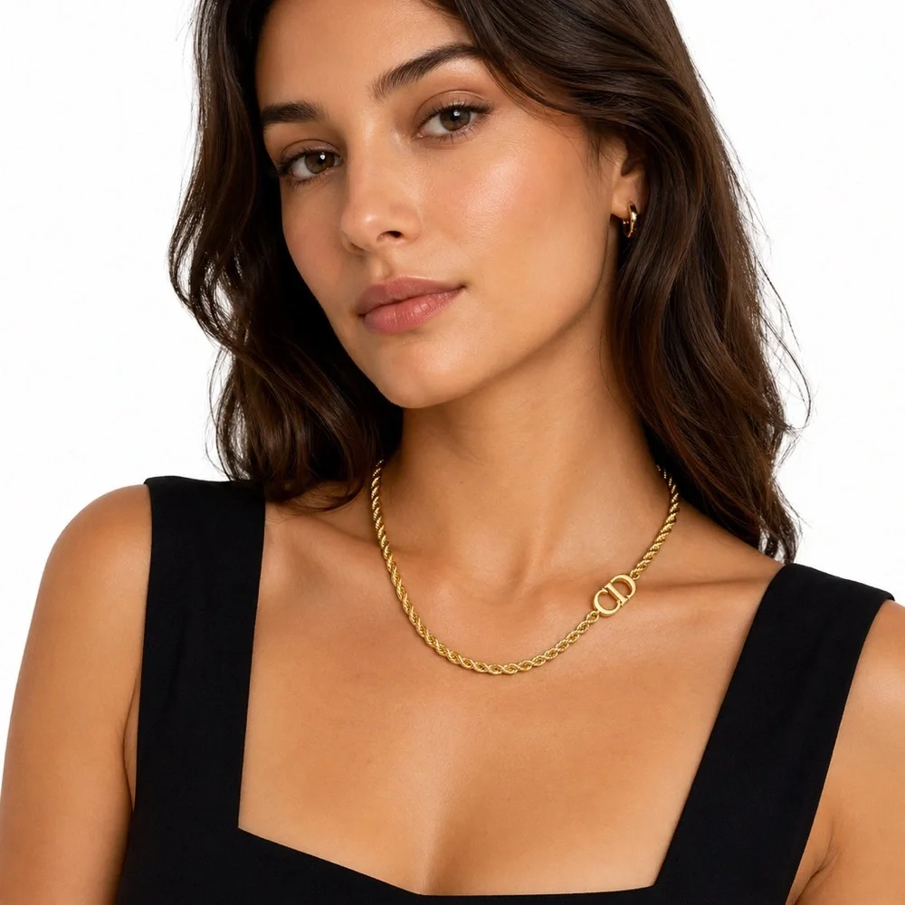 DIOR Twisted Rope Gold Plated Necklace with CD Signature Interlocking Clasp - Picture 2 of 10